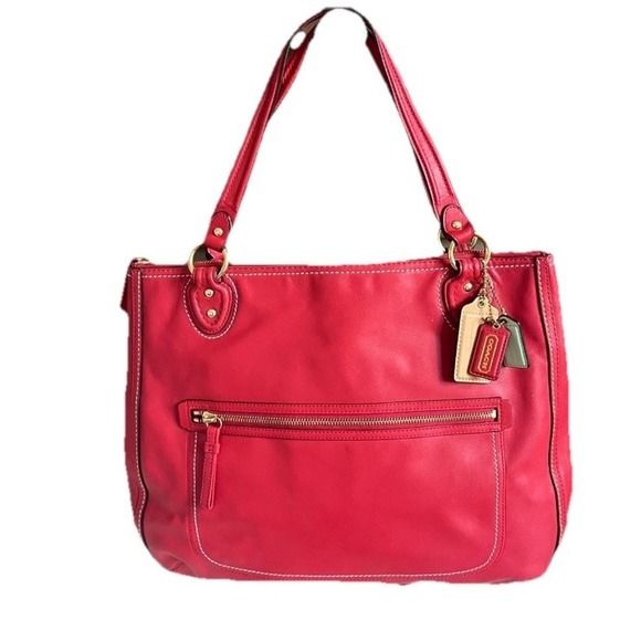 Coach Handbags - Coach Poppy Hallie Red Leather Tote Handbag Contrast Stitching 22424 MINT